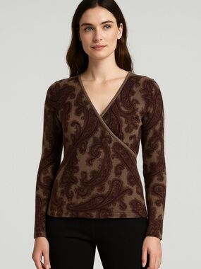 Tan Cashmere Paisley Wrap-Style Women's Sweater